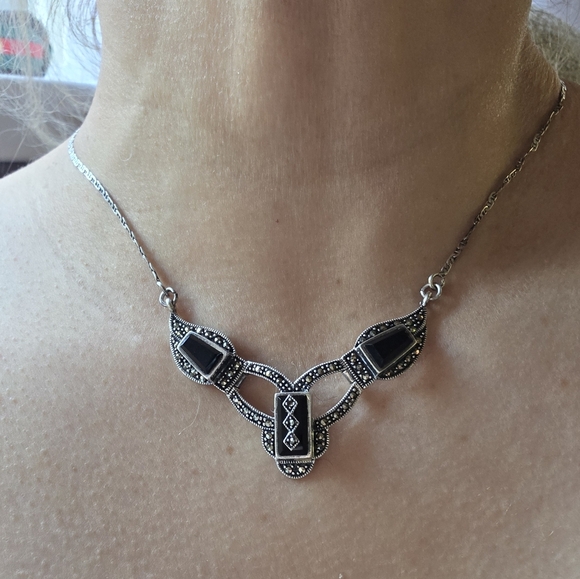 Post 1940's Vintage onyx & marcasite necklace art deco 925. A REAL BEAUTY! - Picture 5 of 13